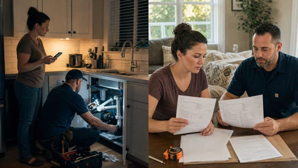 Emergency plumbing call at night versus a homeowner comparing renovation quotes in daylight