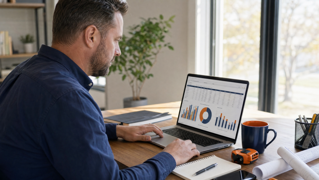 Contractor comparing lead generation costs on laptop