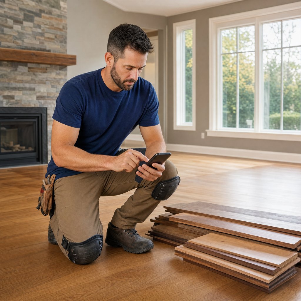 Flooring contractor reviewing hardwood samples on a smartphone in an empty room