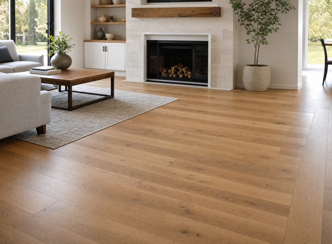 Hardwood floor installation in a residential living room